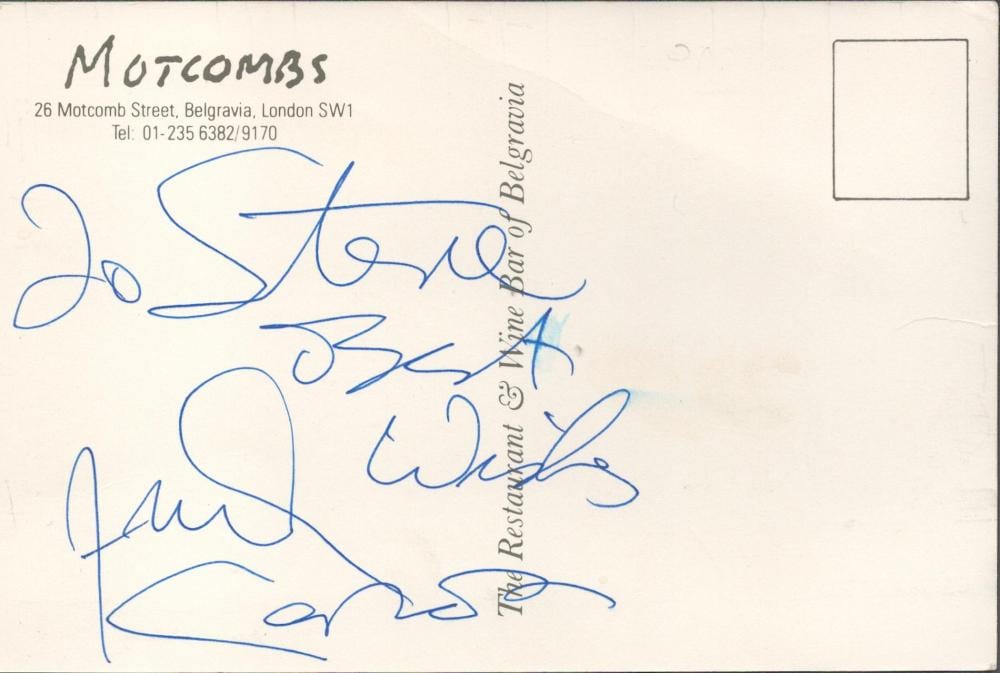 frank carson signed and dedicated signature on the reverse of a motcombs belgravia restaurant colour · Chaucer Auctions · 2021-11-05 Frank Carson comparable auction result: frank carson signed and dedicated signature on the reverse of a motcombs belgravia restaurant colour