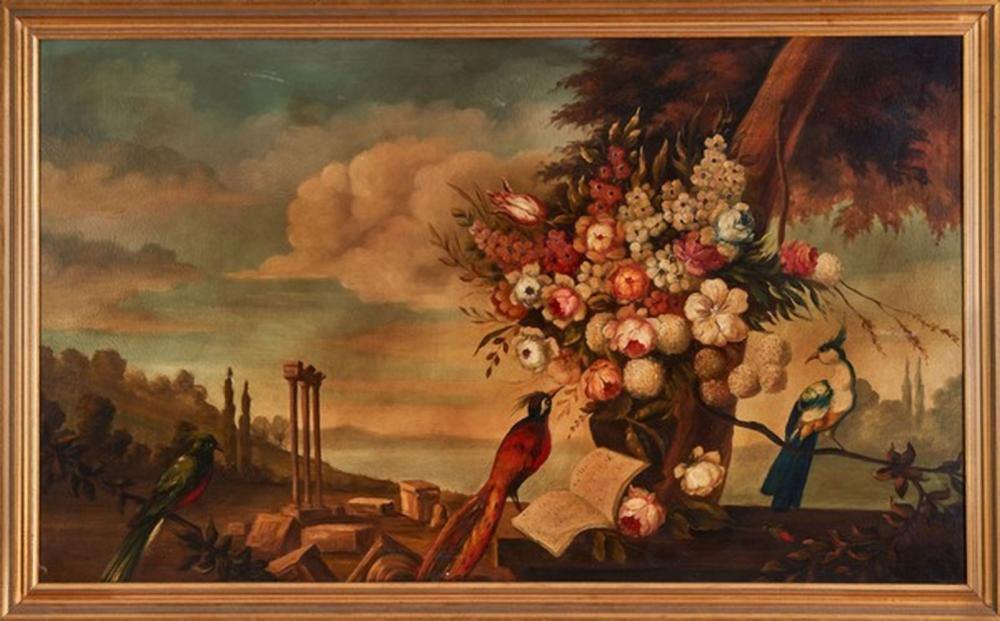 Tô Du comparable auction result: dans le go t du xviie si cle bouquet de fleurs et oiseaux dans un paysage avec ruines huile sur to