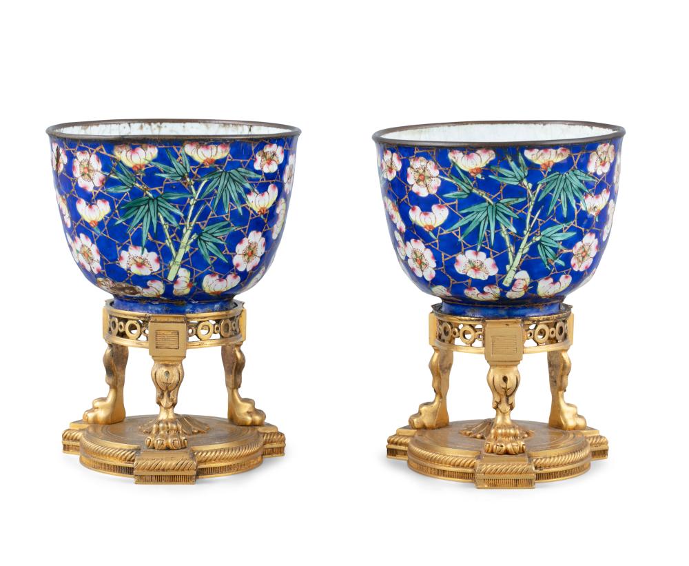 A PHAP LAM / HUE ENAMEL ON COPPER ‘BAMBOO AND PRUNUS’ WINE CUPS POSSIBLY FROM ONE THE SERVICES OF H.M. THE EMPERORS THIEU TRI AND TU DUC TOGETHER WITH TWO ORMULU MOUNTS BY MAISON BOIN TABURET OF PARIS The wine cups: Vietnam, Nguyen Dynasty, Presuma sold by Adam's, lot 188 — auction record photograph