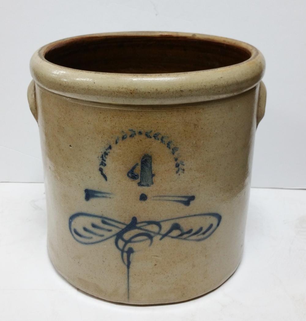 Antique 4 Gallon Salt Glazed Stoneware Crock Blue Decorated sold by Hess Fine Art, lot 15125 — auction record photograph