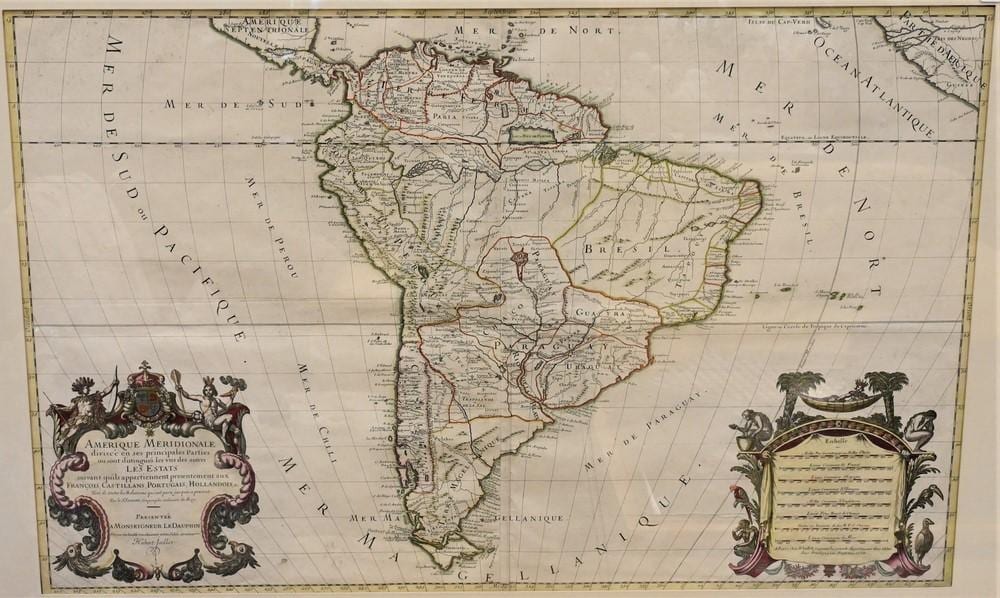 hubert jaillot french 1632 1712 map of south america amerique meridionale divisee en ses principales 1642 engraving with · Nadeau's Auction Gallery · 2021-11-13 Hubert Jaillot comparable auction result: hubert jaillot french 1632 1712 map of south america amerique meridionale divisee en ses principales 1642 engraving with