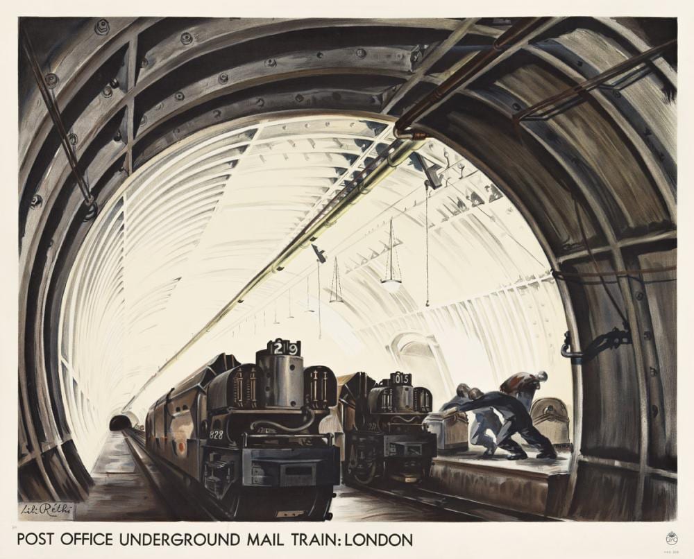 Lili Réthi comparable auction result: lili rethi 1896 1969 post office underground mail train london circa 1935 40 x50 inches 102 x127 cm gpo london