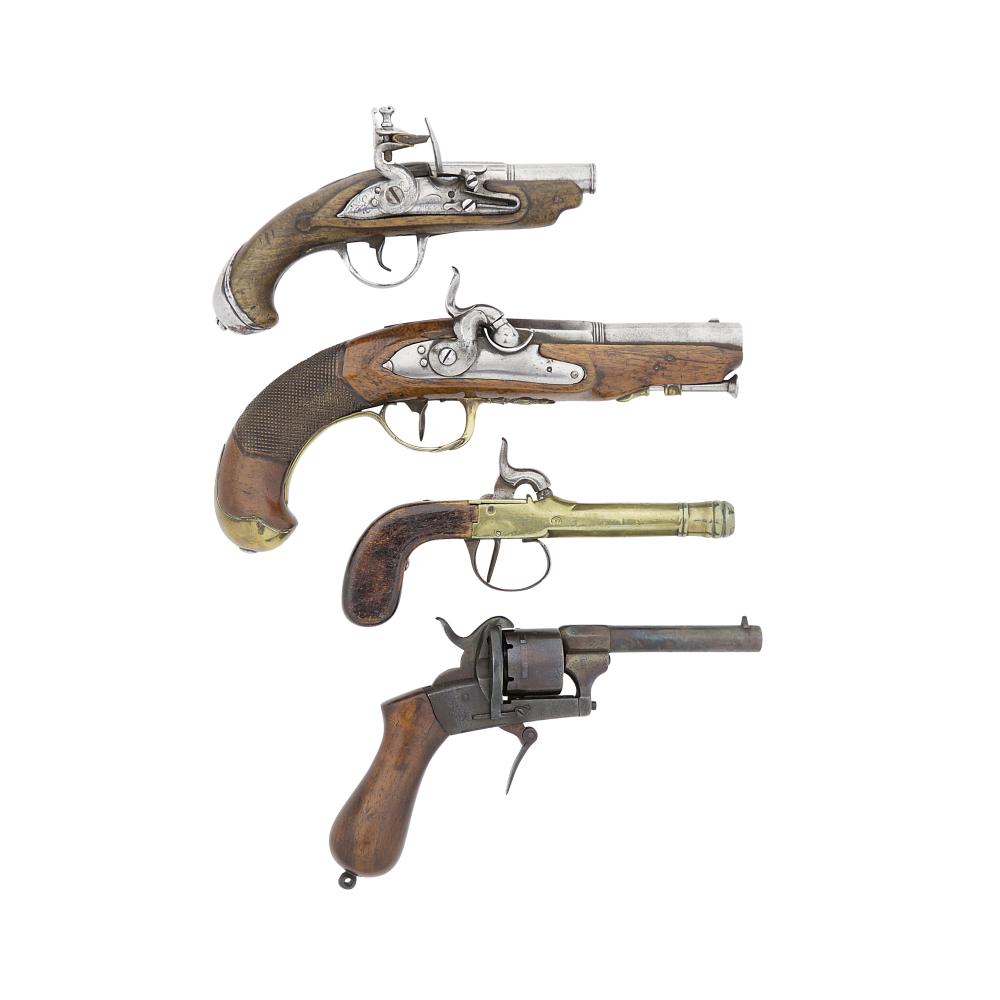 Auction comp thumbnail for A Continental 54-Bore Flintlock Pocket Pistol, Two Liège Percussion Pistols, And A Liège Pin-Fire Pocket Revolver Of Small Bore (4) (Bonhams, Lot 182)