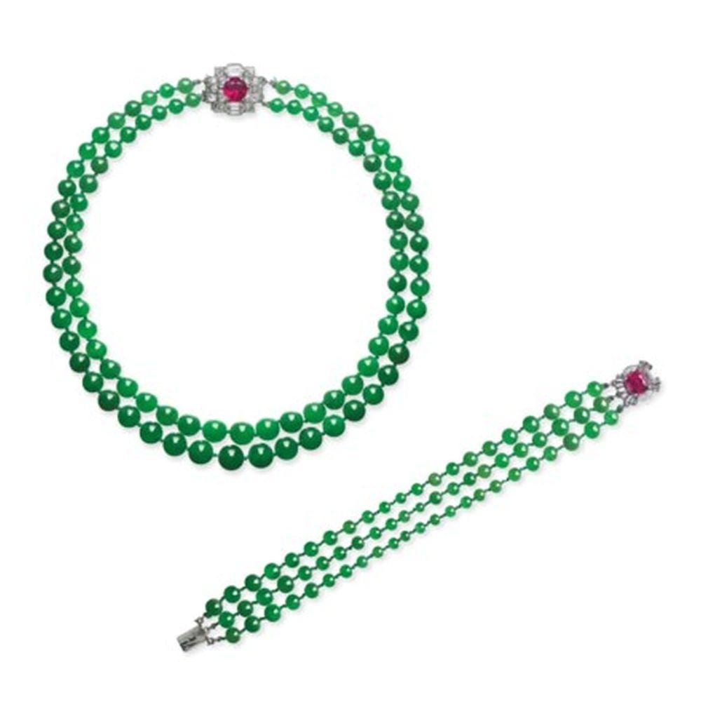 IMPORTANT CartIER JADEITE, RUBY AND DIAMOND NECKLACE; AND A MOUNTED BY Cart comparable sale