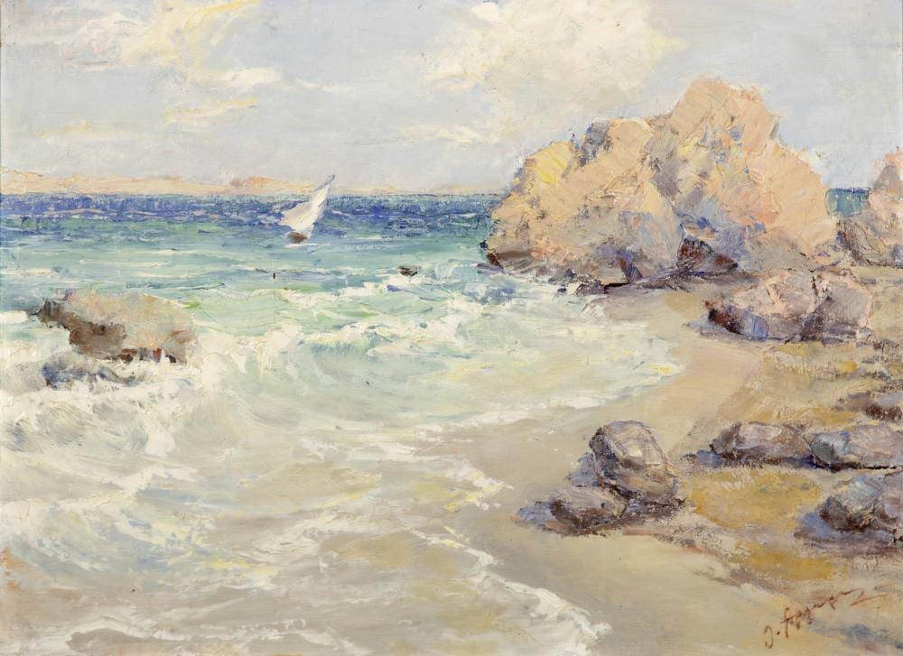Oumbertos Argyros comparable auction result: oumbertos argyros greek 1884 1963 un bateau voile pr s de la c te singed in greek lower right oil on canvas