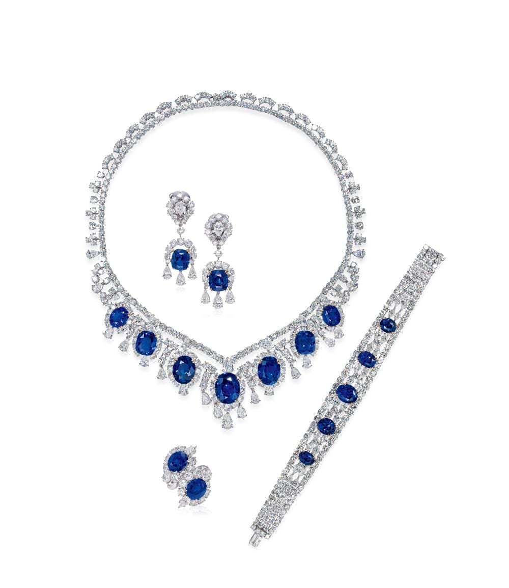 A HIGHLY IMPORTANT SUITE OF TOTAL 124.87 CARAT 'ROYAL BLUE' SAPPHIRE AND DIAMOND JEWELRY, BY Cartier comparable sale