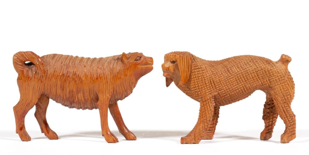 aaron mountz pennsylvania 1873 1949 attributed folk art carved dogs lot of two · Jeffrey S. Evans & Associates · 2021-11-20 Aaron Mountz comparable auction result: aaron mountz pennsylvania 1873 1949 attributed folk art carved dogs lot of two