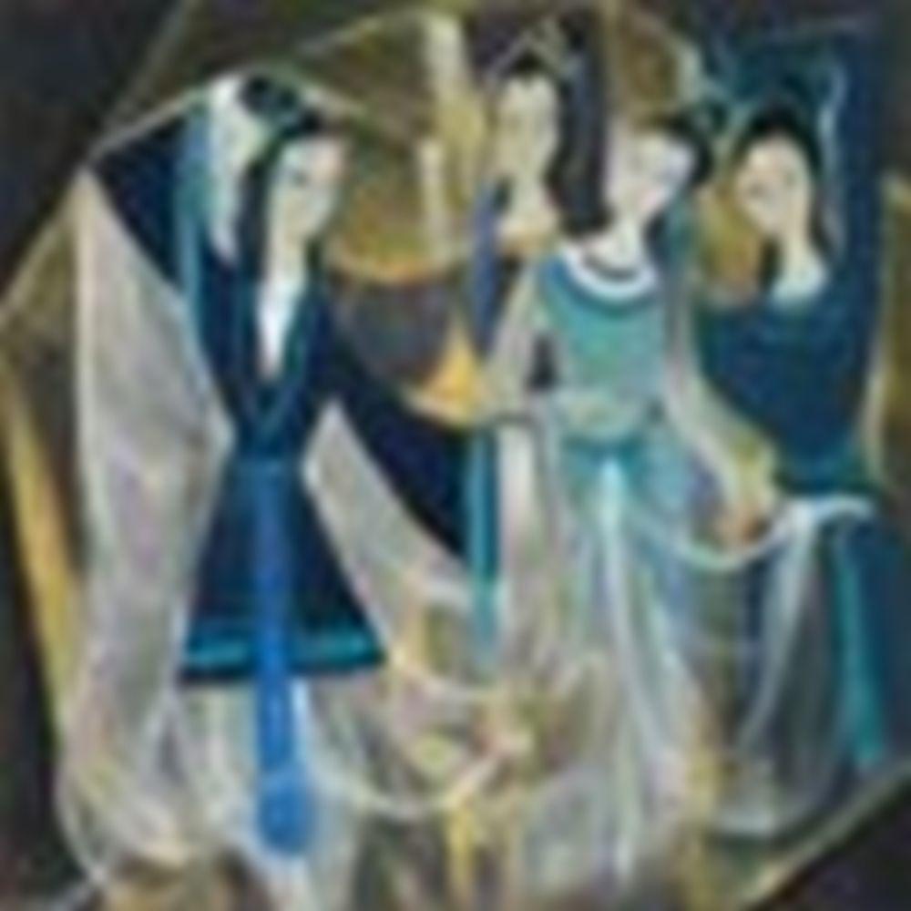 Lin Fengmian (1900-1991) Opera Figures Scroll, mounted and framed, ink and comparable sale