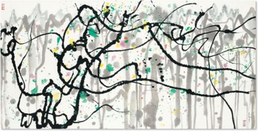 Wu Guanzhong (1919-2010) Pine Tree Scroll, mounted and framed, ink and colo comparable sale