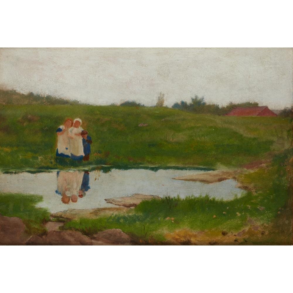 GEORGE HEMING MASON A.R.A. (BRITISH 1818-1872) CHILDREN BY A POND – STUDY FOR ‘CHILDREN FISHING’ sold by Lyon & Turnbull, lot 54 — auction record photograph
