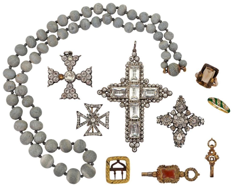 A collection of jewellery comprising: three early 19th century colourless paste set pendent crosses; sold by Roseberys, lot 30 — auction record photograph