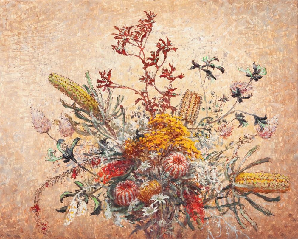 john thomas nightingale rowell western australian wildflowers oil on board · GFL Fine Art · 2021-11-23 John (1894) Rowell comparable auction result: john thomas nightingale rowell western australian wildflowers oil on board
