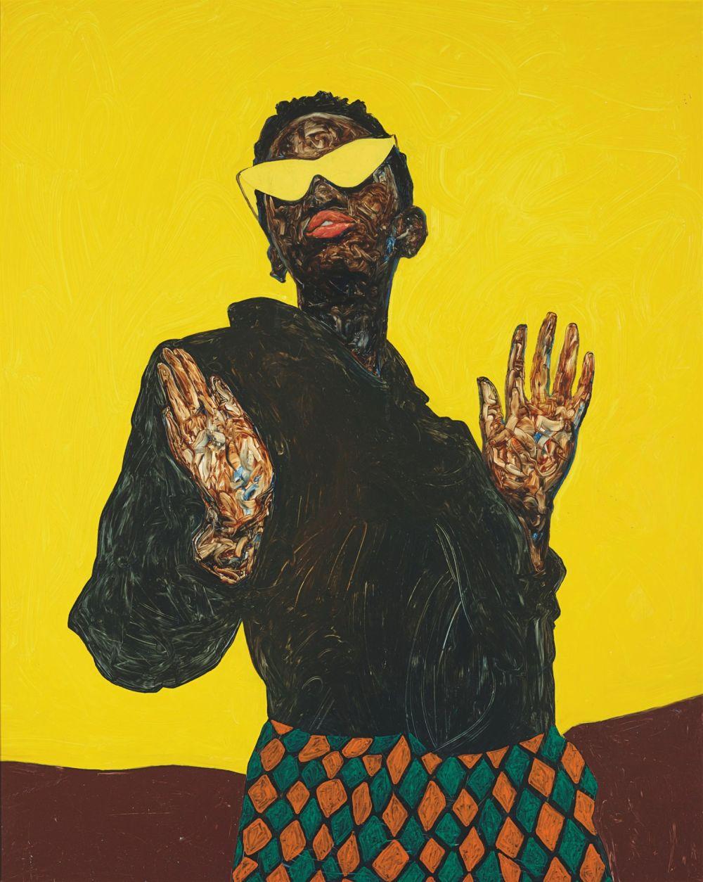 Amoako Boafo (B.1984) Hands Up oil on canvas 187 x 148.6 cm. (73 1/2 x 58 1 comparable sale
