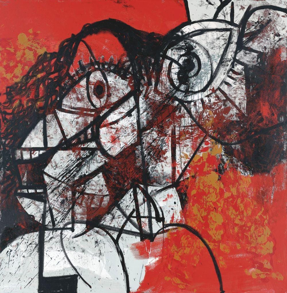 George Condo (B. 1957) Red and Black Diagonal Portrait acrylic and oilstick comparable sale