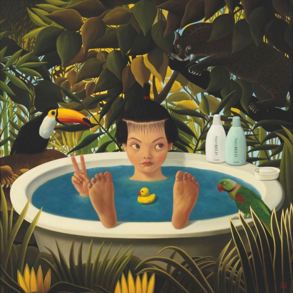Mitsuru Watanabe comparable auction result: mitsuru watanabe b 1953 naoko bathing in rousseau s forest oil on canvas