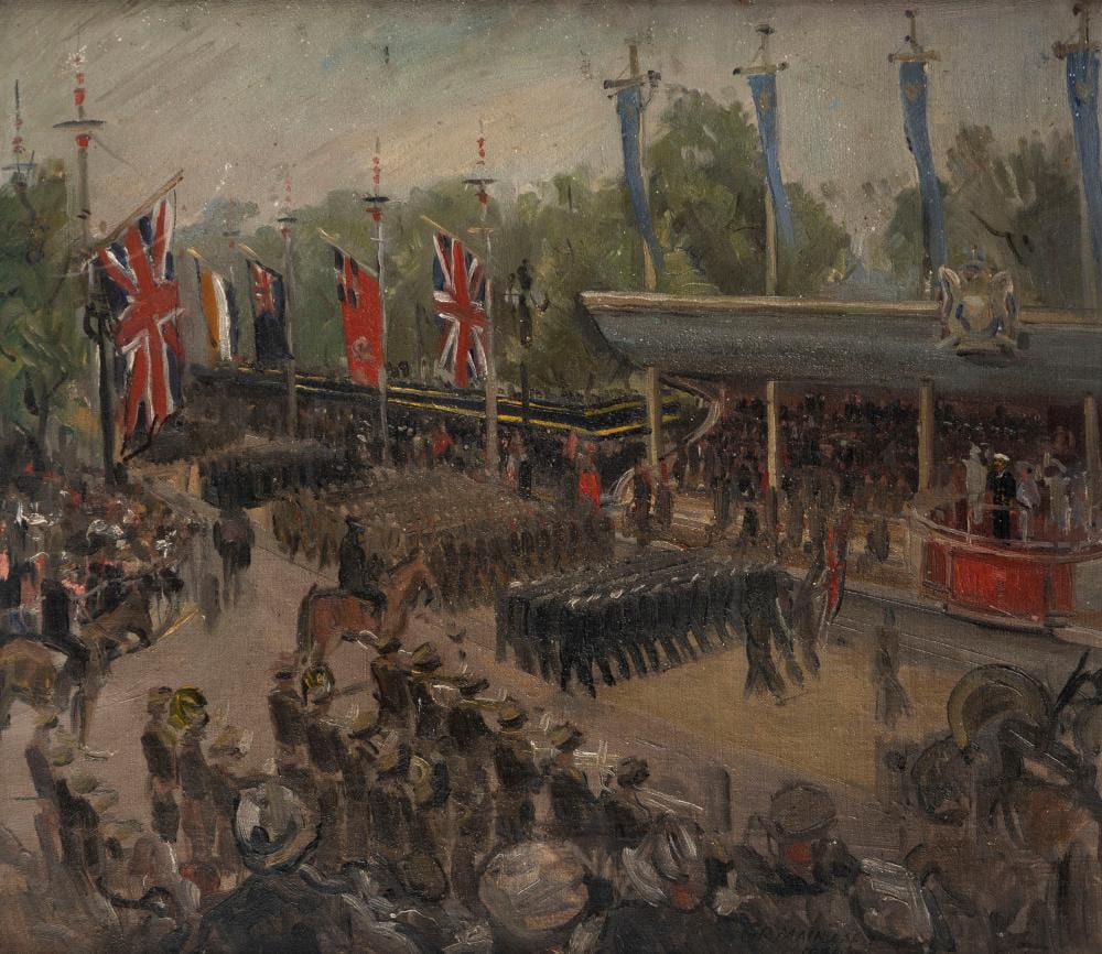 Geoffrey Richard Mainwaring comparable auction result: geoffrey richard mainwaring 1912 2000 study for victory march london 10 june 1946 oil on board signed and dated 1946 lower right 39 x 45cm