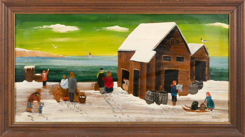 dorothy davis cape cod massachusetts 1910 1991 wintertime scene of figures on a dock and a distant ship oil on board 18 x 35 framed 22 x 40 · Eldred's · 2021-12-02 Dorothy Davis comparable auction result: dorothy davis cape cod massachusetts 1910 1991 wintertime scene of figures on a dock and a distant ship oil on board 18 x 35 framed 22 x 40