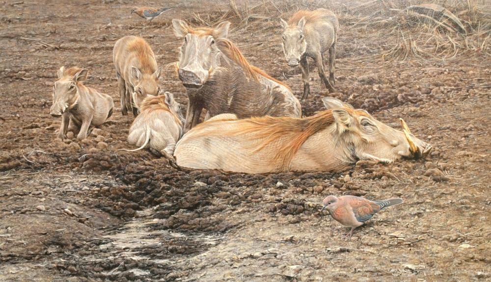 Alan M. Hunt comparable auction result: alan m hunt b 1947 british warthog snppi the beauty salon oil on board signed inscribed and dated ve