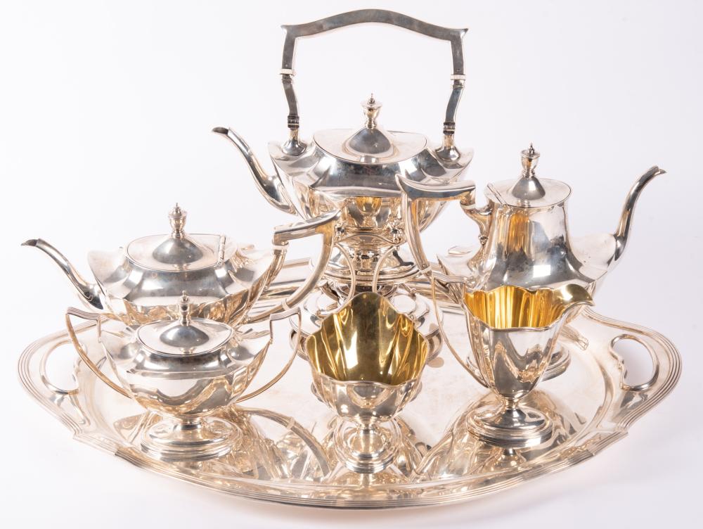 Auction comp thumbnail for A 7 Piece Gorham Sterling Silver Tea Set with Tray, Plymouth Pattern (Link Auction Galleries, Lot 129)