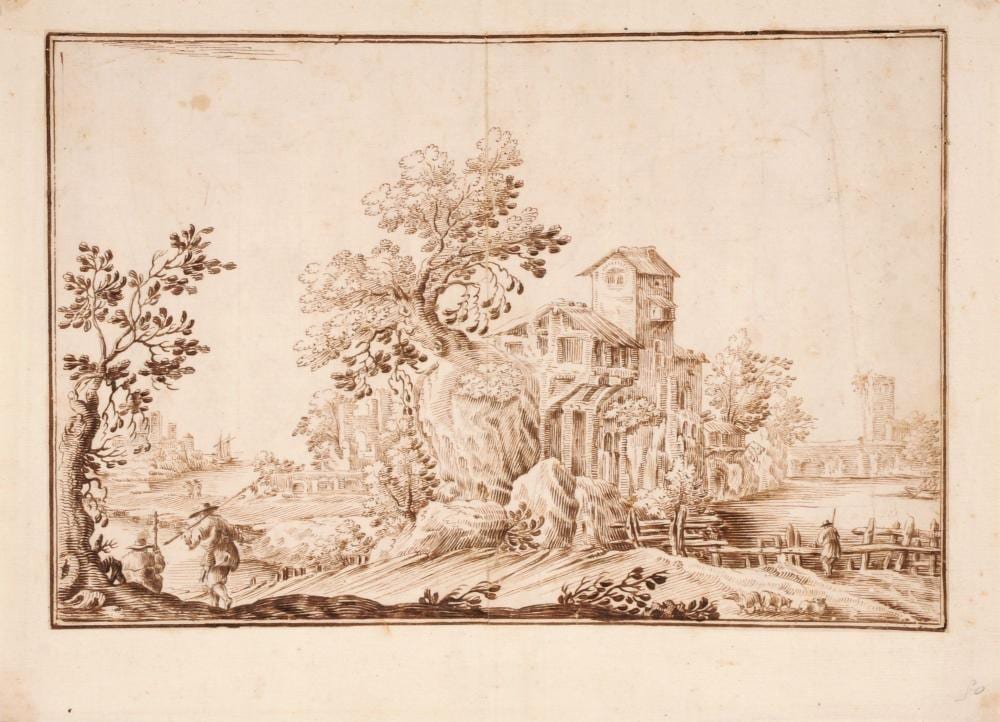Remigio Cantagallina comparable auction result: remigio cantagallina in der art von flusslandschaft mit haus und ruinen wohl 1st half 17th cent