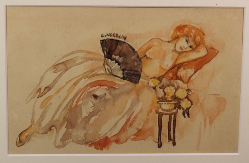 Stefan Norblin comparable auction result: stefan norblin 1892 1952 sitzender halbakt mit f cher aquarell ger glas
