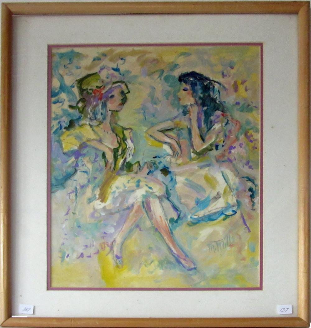 marge mills 1932 1966 acrylic of two ladies 16 by 13 inches signed lowe · Blackwood March Auctioneers · 2021-12-09 Marge Mills comparable auction result: marge mills 1932 1966 acrylic of two ladies 16 by 13 inches signed lowe