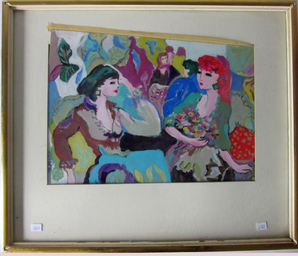 marge mills 1932 1966 acrylic of two ladies 12 by 17 5 inches signed lo · Blackwood March Auctioneers · 2021-12-09 Marge Mills comparable auction result: marge mills 1932 1966 acrylic of two ladies 12 by 17 5 inches signed lo