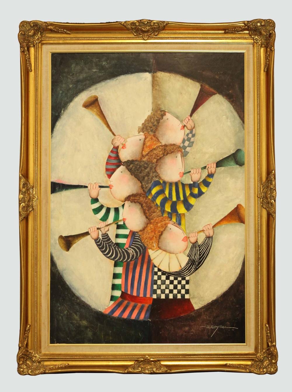 J. Roybal comparable auction result: j roybal large colorful art of children playing flutes