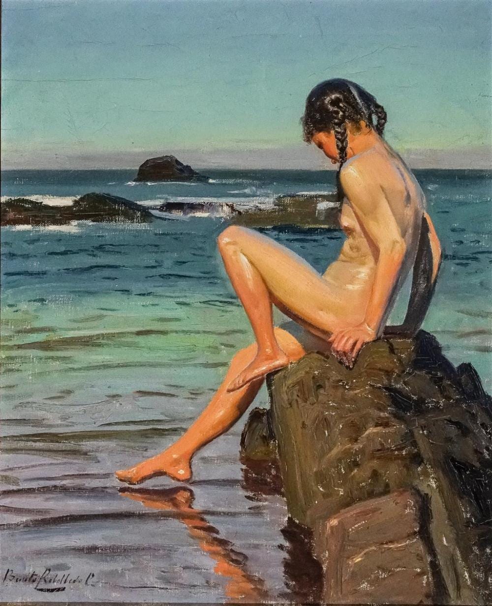 Benito Rebolledo Correa comparable auction result: benito rebolledo correa chilean 1881 1964 girl sitting on a rock by the sea oil on canvas 21 x 17 in