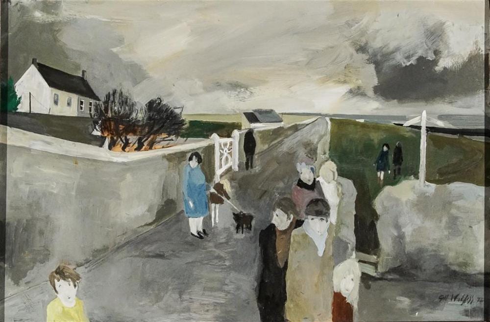gill watkiss british b 1938 an afternoon walk oil on masonite 16 1 2 x 25 in · Weschler's · 2021-12-10 Gill Watkiss comparable auction result: gill watkiss british b 1938 an afternoon walk oil on masonite 16 1 2 x 25 in