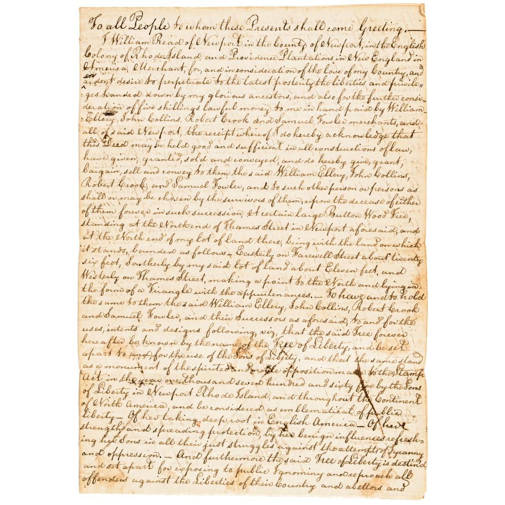 TREE OF LIBERTY Newport, Rhode Island Early Historical Research Document Archive sold by Early American History Auctions, lot 64 — auction record photograph