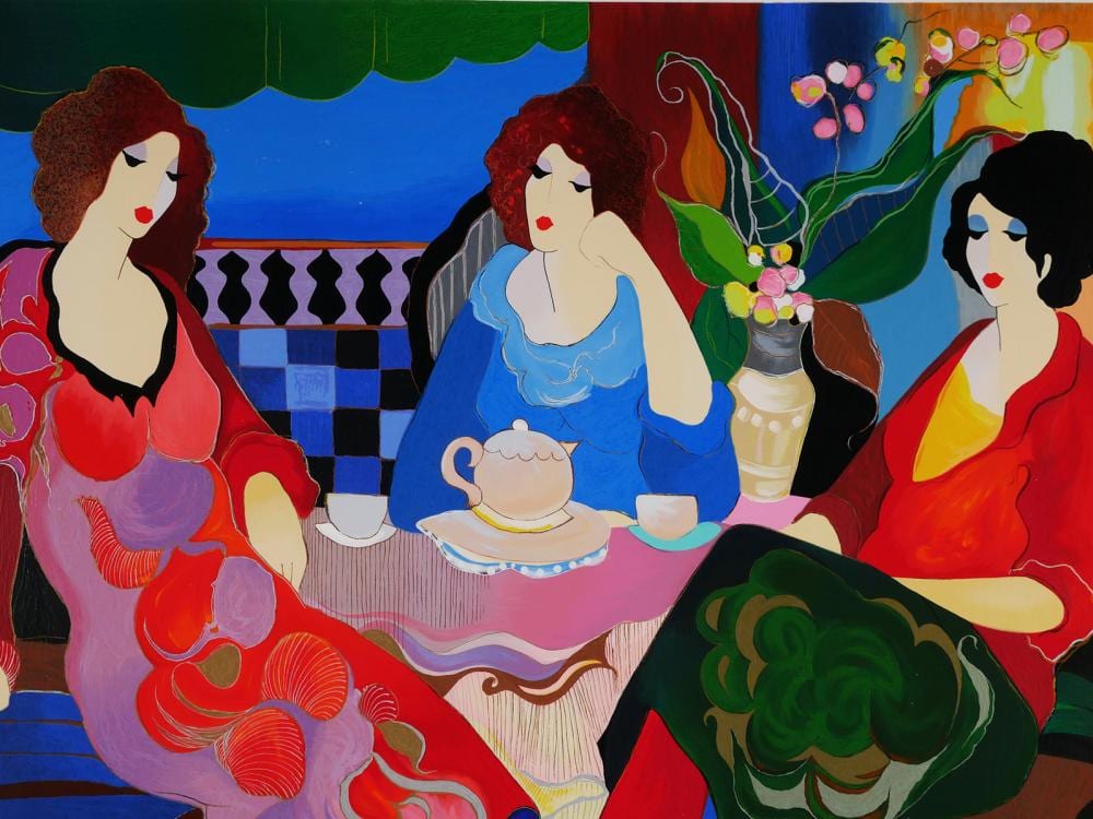 Colorful illustration of three women seated at a table with blue checkered background and decorative floral elements.