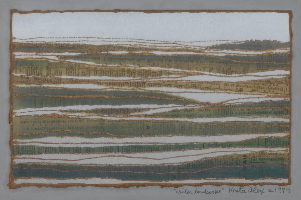 Kostas Alex comparable auction result: alex kosta 1925 2005 winter landscape technique mixte sur papier sign e et dat e 1974 29x4