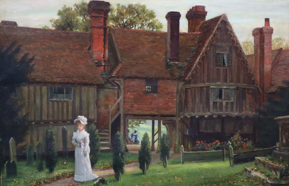 Arthur Langley Vernon comparable auction result: arthur langley vernon exh 1880 1917 edwardian lady standing before a 17th century house oil on canvas 30 x 45cm