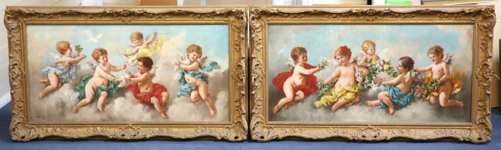 charles augustus henry lutyens 1829 1915 amorini and doves amongst clouds pair of oils on canvas 44 x 90cm · Gorringes · 2021-12-07 Charles Augustus Henry Lutyens comparable auction result: charles augustus henry lutyens 1829 1915 amorini and doves amongst clouds pair of oils on canvas 44 x 90cm
