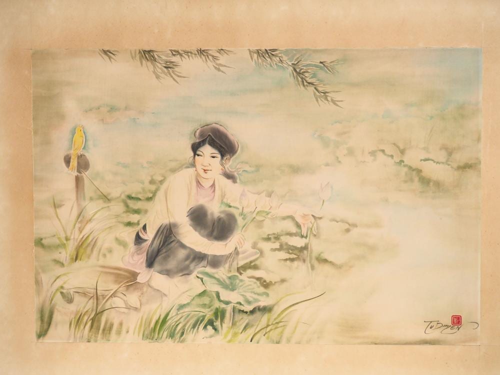 Tu Duyen comparable auction result: tu duyen jeune fille cueillant des lotus et coutant le chant d un oiseau