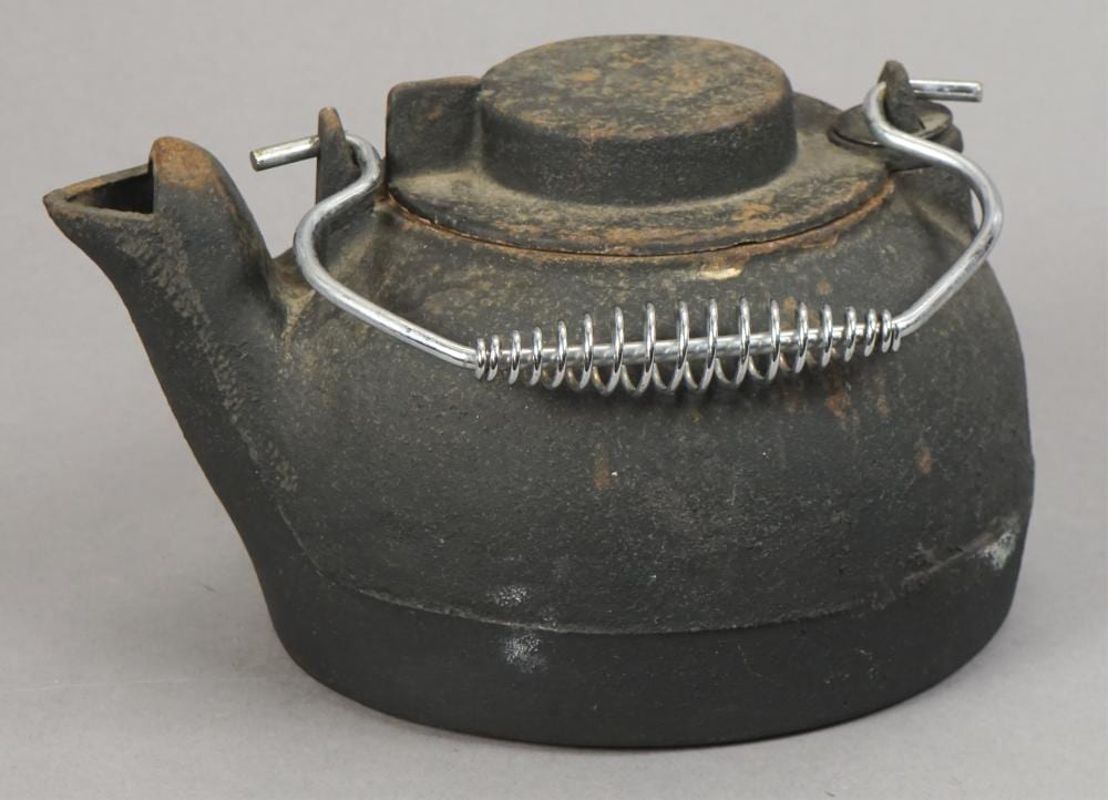 Vintage black cast iron tea kettle with arched handle and coil wire spout guard, photographed on a gray background.