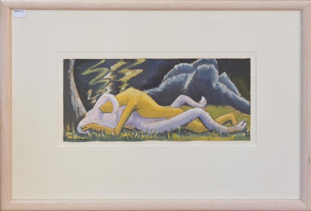 Douglas Roberts comparable auction result: douglas roberts the consummation c 1940s gouache on paper signed lower left 16 x 35 5cm framed 42 x 59cm condition some ligh