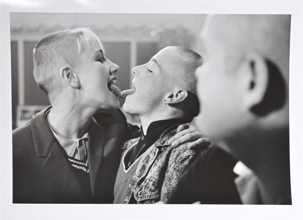 Peter Leiss comparable auction result: peter leiss jaqui bubs and skinhead in plaster from romper stomper 1991 selenium toned fibre based print 3 3 signed editioned a