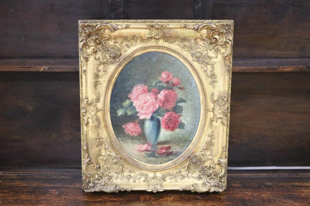 Gaston Corbier comparable auction result: gaston corbier 1869 1945 france still life oil on board framed in an oval signed lower right approx 37cm h x 30cm w