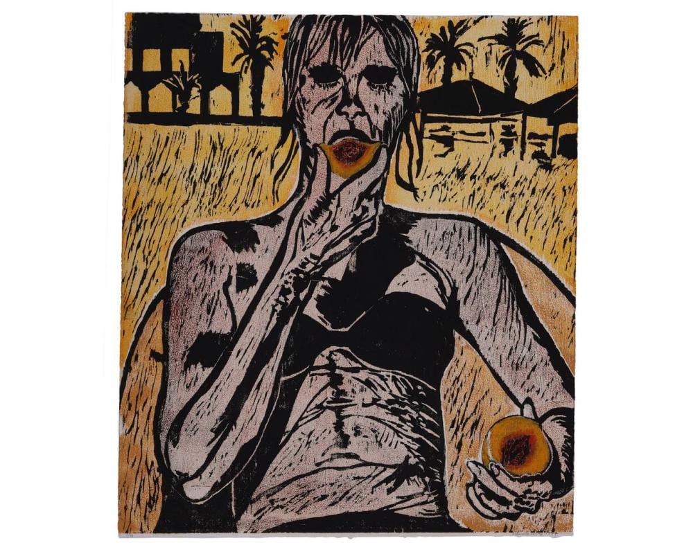 Pamela Levy comparable auction result: pamela levy 1949 2004 girl eating a peach 1997 woodcut