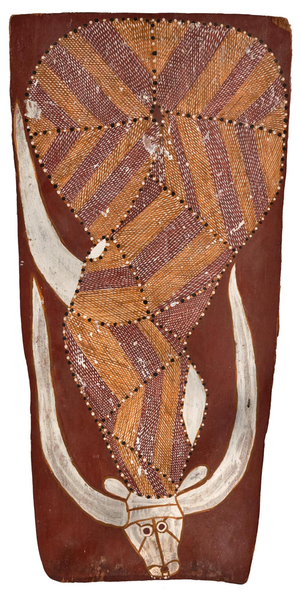 JIMMY NJIMINJUMA comparable auction result: jimmy njiminjuma 1945 2004 untitled 1985 ochre and natural pigments on bark 55 x 25 5 cm irregular inscribed and dated verso