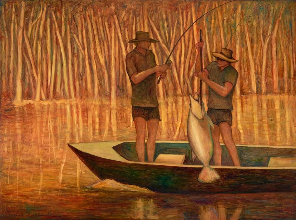 bob marchant 1938 barramundi fishing oil on panel 92 x 122 cm frame 94 x 124 x 6 cm signed lower left · Lawsons · 2021-12-16 Bob Marchant comparable auction result: bob marchant 1938 barramundi fishing oil on panel 92 x 122 cm frame 94 x 124 x 6 cm signed lower left