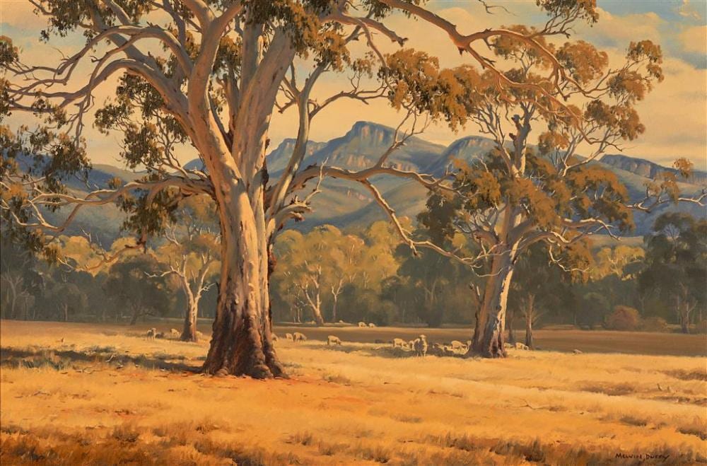Melvin Duffy comparable auction result: melvin duffy 1930 sheep grazing at moyston grampian ranges oil on canvas board 59 5 x 89 5 cm frame 80 x 110 x 6 cm signed