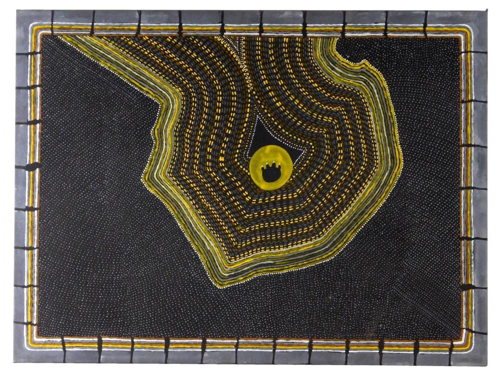 Butcher Cherel comparable auction result: butcher cherel australian 1920 2009 aboriginal oil on canvas abstracted form of dots and dashed lines in yellow brown grey an