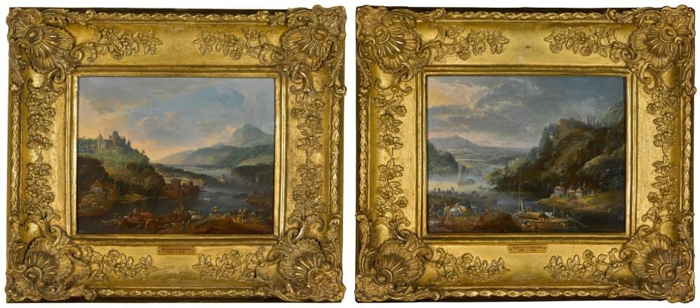 Jan (1688) Griffier comparable auction result: a view of the rhine with a large castle on a hill a view of the rhine with travellers and a pack mule on a path