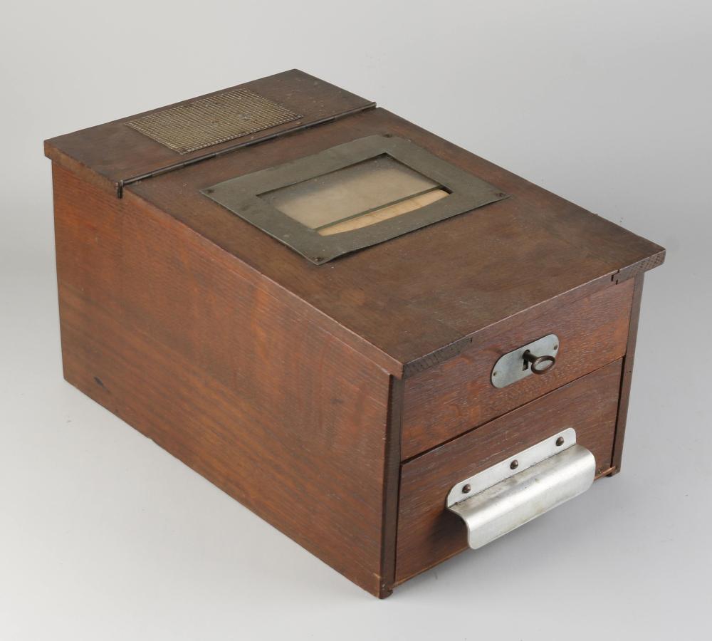 Wooden antique cash register with open top tray and cash drawer, shown at an angle on a white background.
