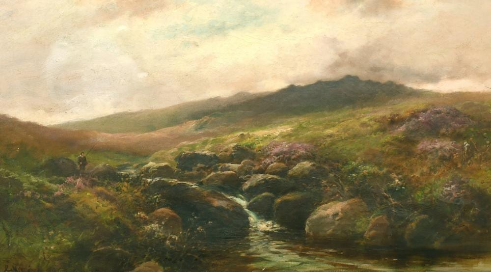 George Henry Jenkins comparable auction result: george henry jenkins 1843 1914 british an angler by a moorland stream with a storm approaching oil on canv