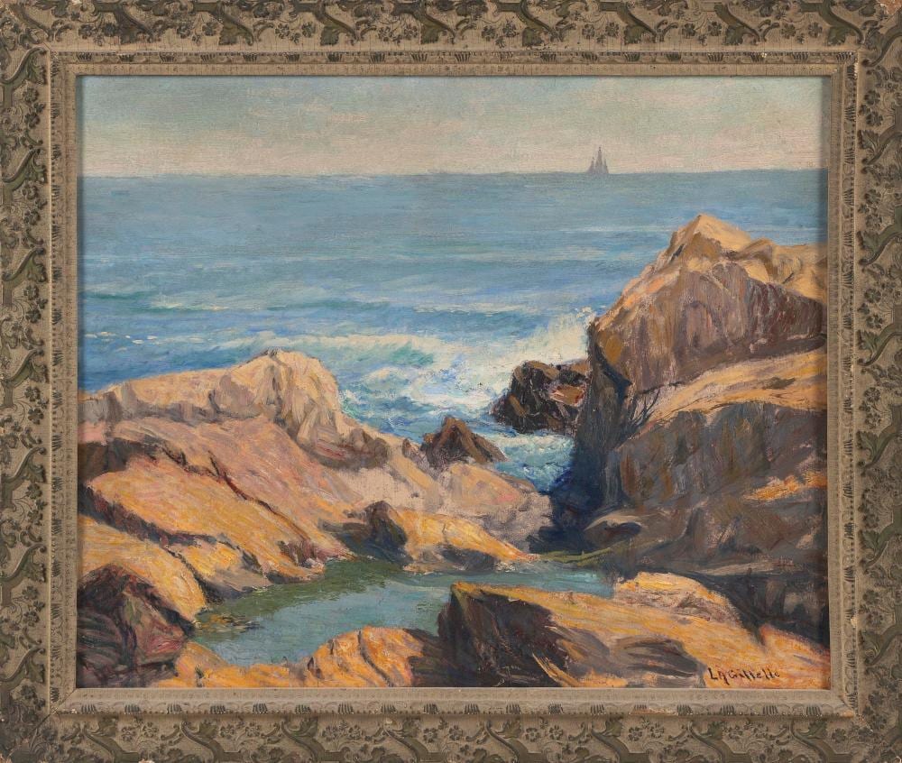 lester a gillette kansas massachusetts ohio 1855 1940 the pool a rocky shoreline with a ship on the horizon oil on board 20 x 24 framed 24 25 x 28 · Eldred's · 2022-01-27 Lester A. Gillette comparable auction result: lester a gillette kansas massachusetts ohio 1855 1940 the pool a rocky shoreline with a ship on the horizon oil on board 20 x 24 framed 24 25 x 28