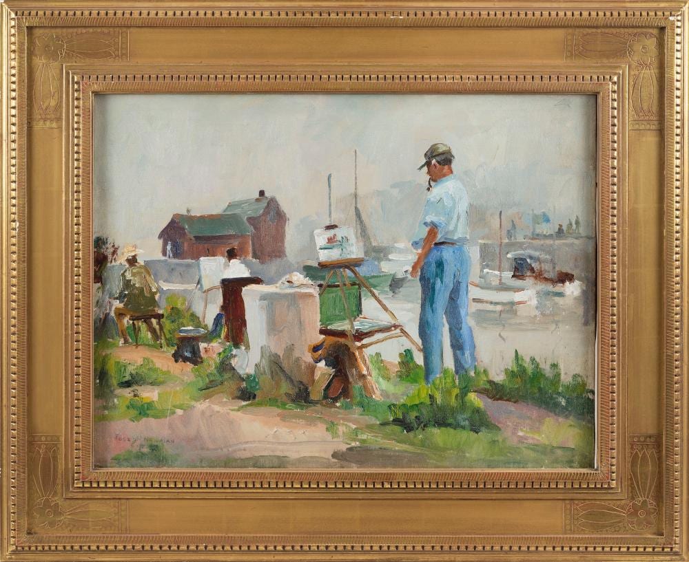 JOSEPH NEWMAN (New York, 1890-1979), "Self Portrait (Artist Painting in Rockport)"., Oil on canvas, 18" x 24". Framed 27" x 33". sold by Eldred's, lot 55 — auction record photograph